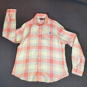 Polo by Ralph Lauren Men's XL Plaid Button Down Shirt Coral & Cream 100% Linen